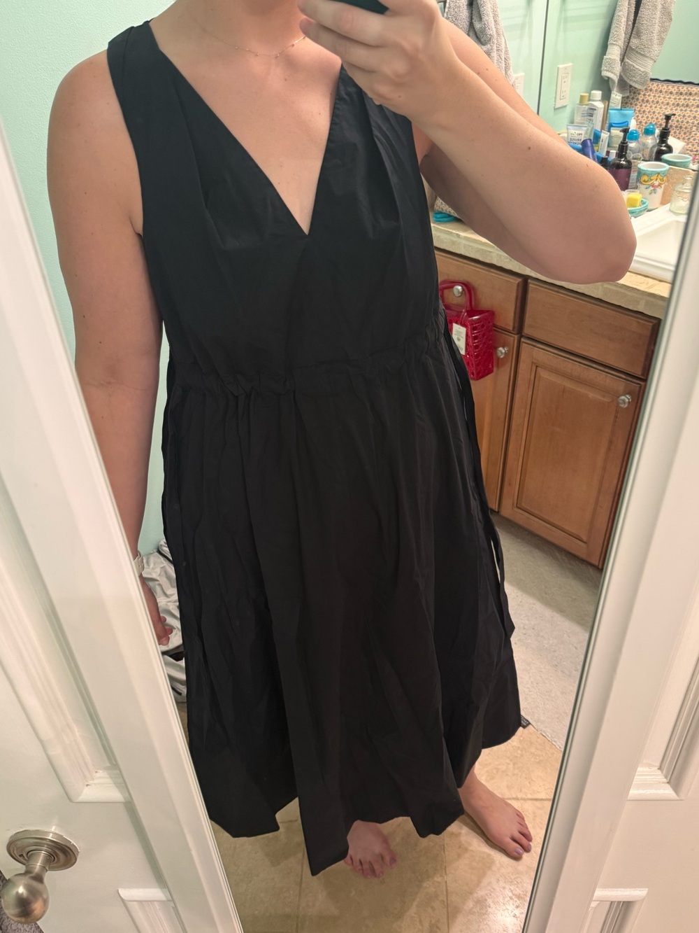 Banana Republic Black V-Neck Gathered Waist & Tie Midi Dress
